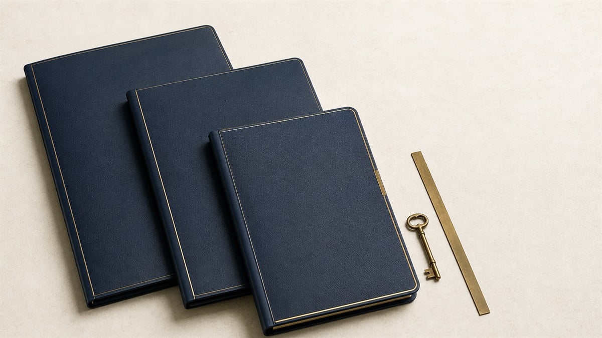Three navy business sale planning folios with a brass key on an ivory surface.