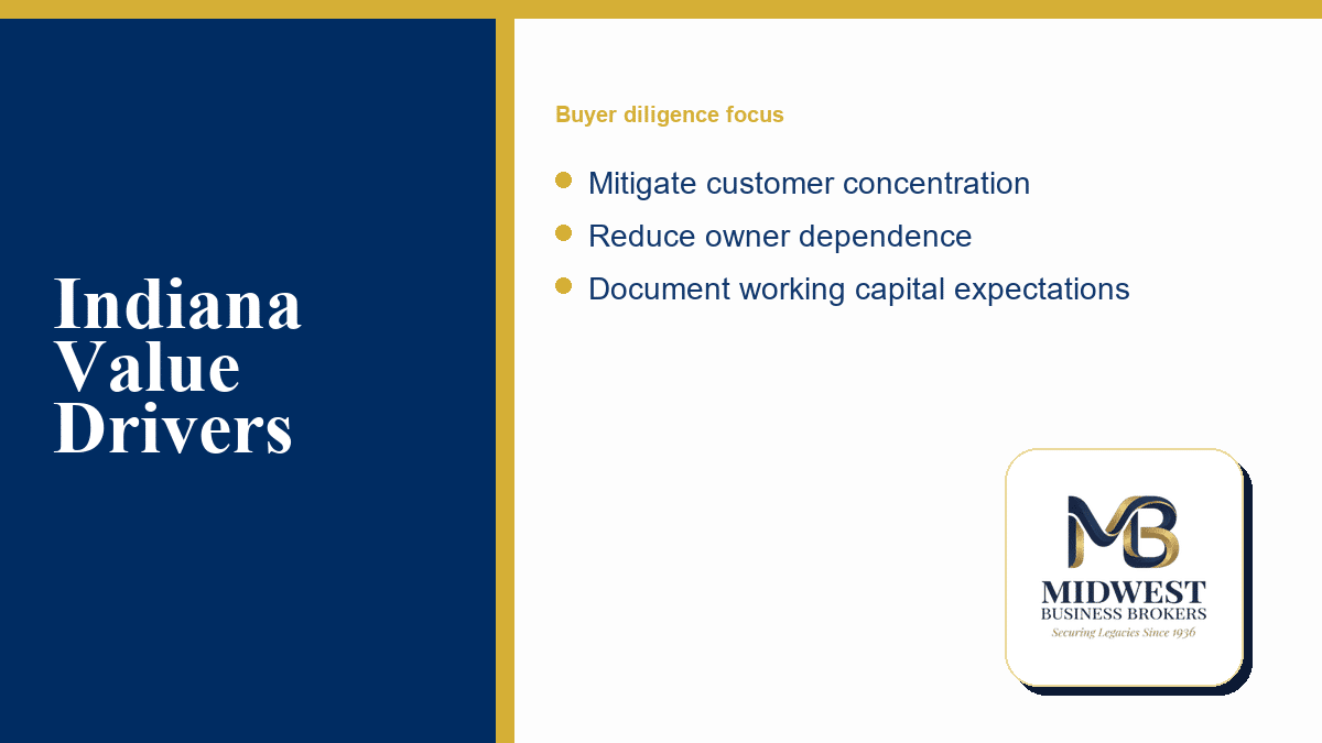 Checklist of Indiana business value drivers including customer concentration and owner dependence