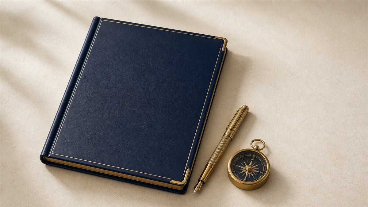 A confidential business valuation portfolio with a gold fountain pen and compass on an ivory desk surface.