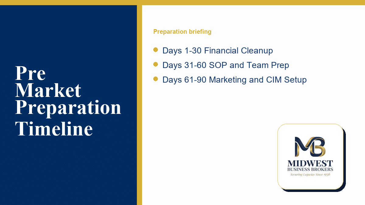 A 90-day timeline showing the preparation sequence before a business is taken to market