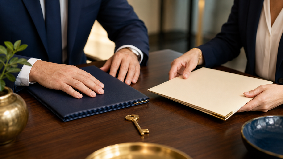 Professionals organizing closed folders for a confidential ownership transition