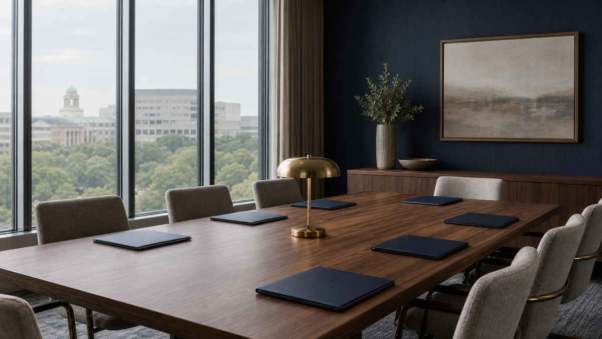 Private conference room prepared for a business sale meeting