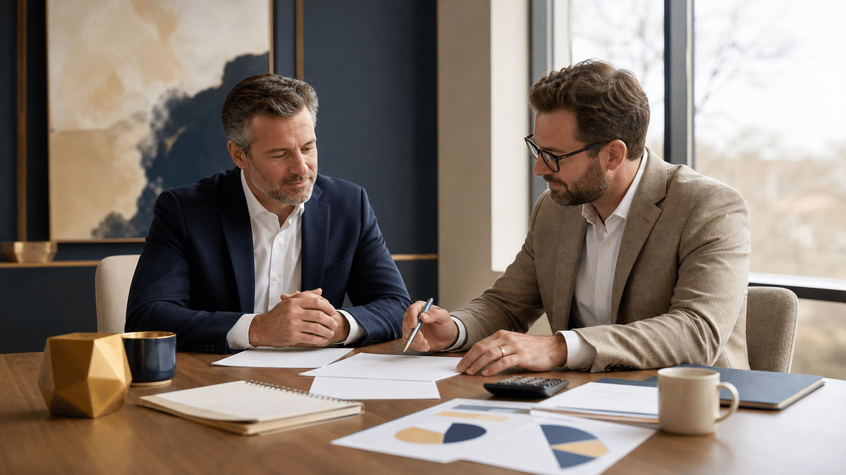 Business owner and adviser reviewing a valuation plan at a conference table