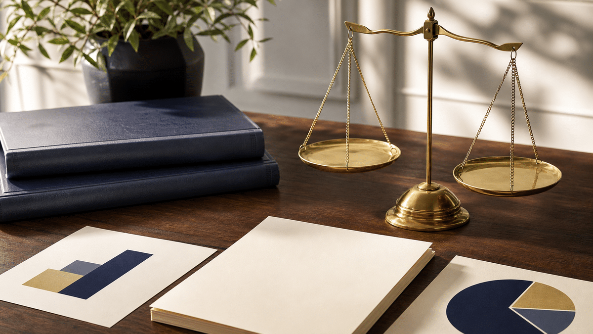 Brass balance scale and navy business folios on a desk