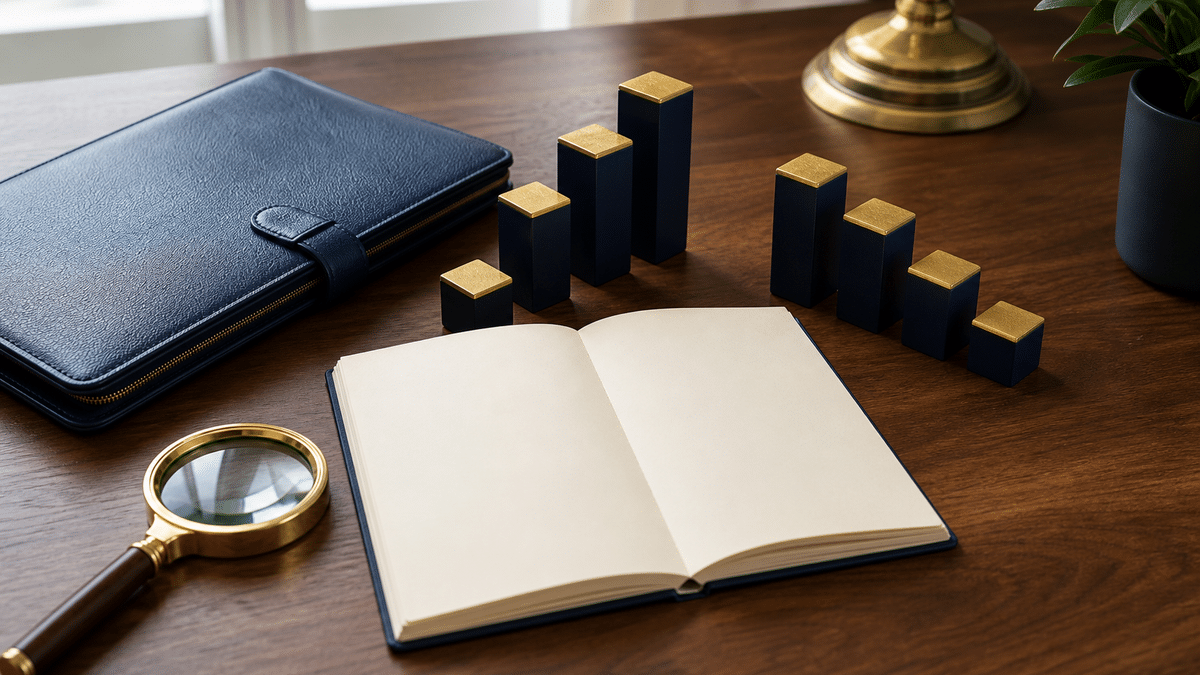 Navy portfolio and unmarked comparison blocks on a wooden desk