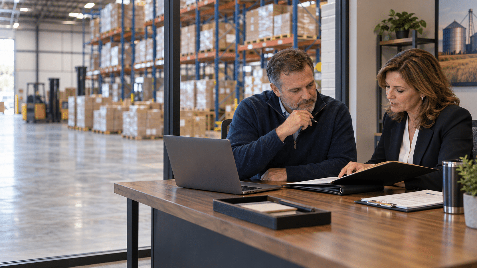 Indiana distribution business owner and adviser reviewing sale preparation in a warehouse office