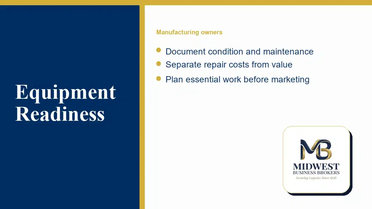 Equipment Readiness: Document condition and maintenance; Separate repair costs from value; Plan essential work before marketing