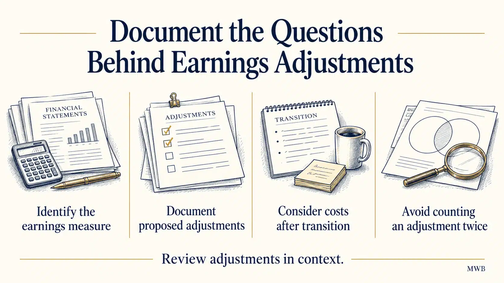Identify the earnings measure, document adjustments, consider transition costs and avoid double counting