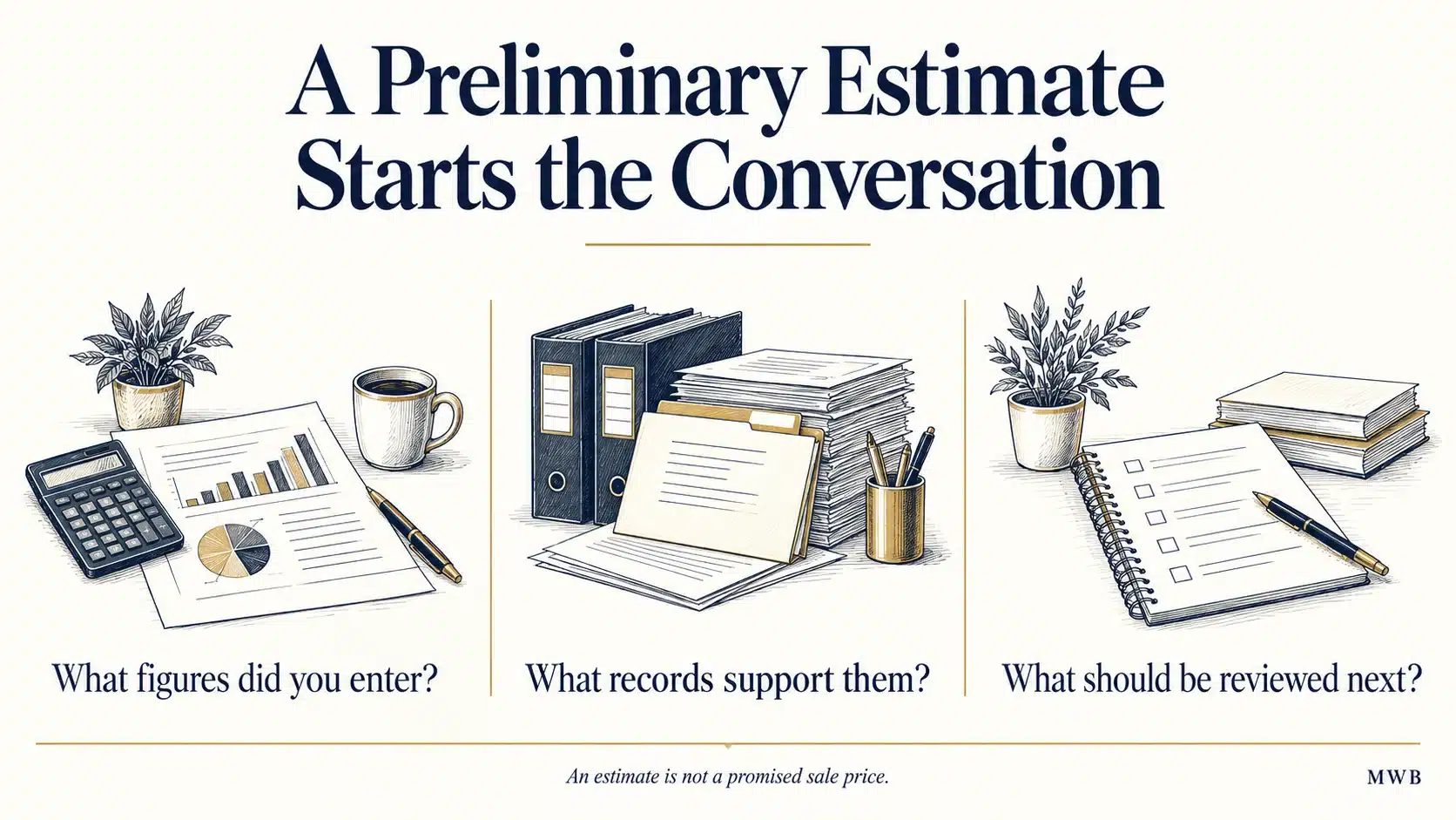 Questions about supplied figures, supporting records and next steps; an estimate is not a promised sale price