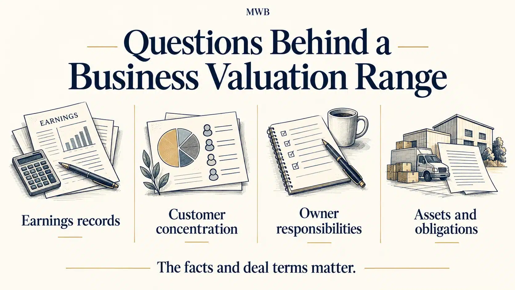 Review topics include earnings records, customer concentration, owner responsibilities, assets and obligations