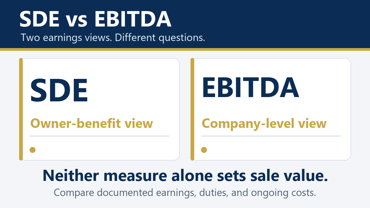 SDE versus EBITDA: owner-benefit view compared with company-level view; neither measure alone sets sale value.
