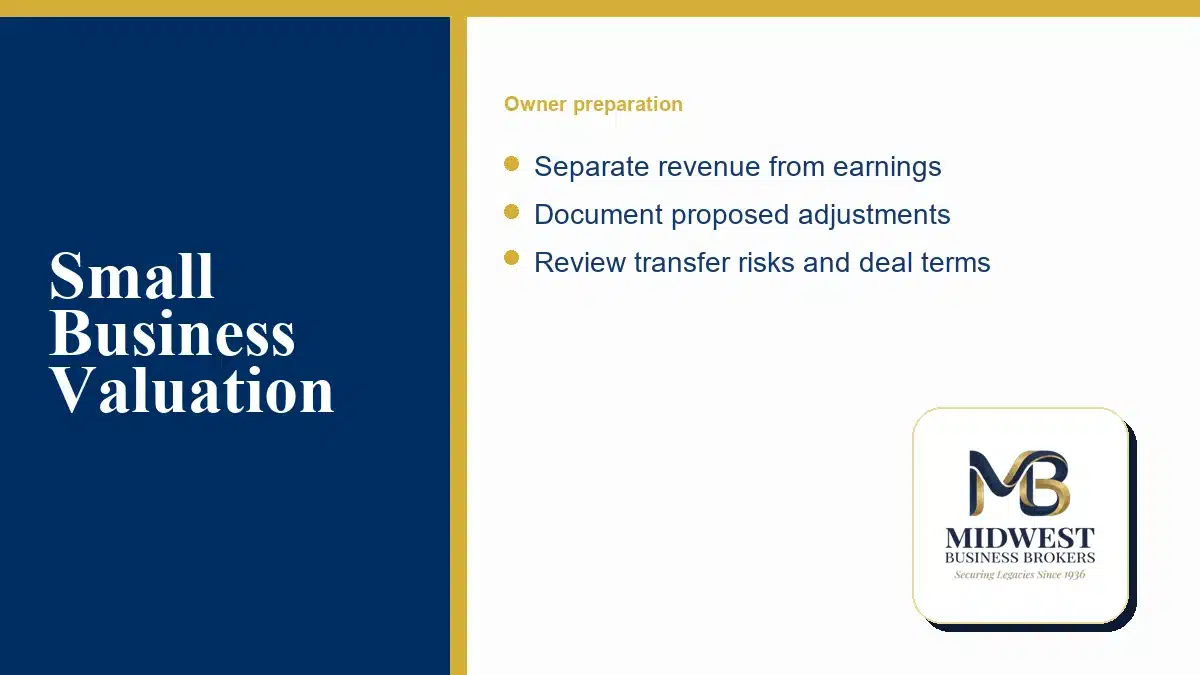 Small Business Valuation Small Business Valuation: Separate revenue from earnings; Document proposed adjustments; Review transfer risks and deal terms